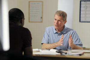 Restoration contractor interviews a job candidate