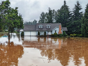 A flooded home with water damage that needs to be restored.