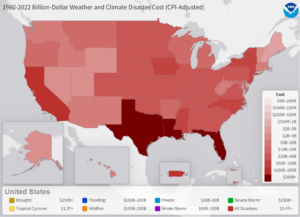 A United States map showing the estimated costs of weather and climate events in 2022. Source: NOAA.