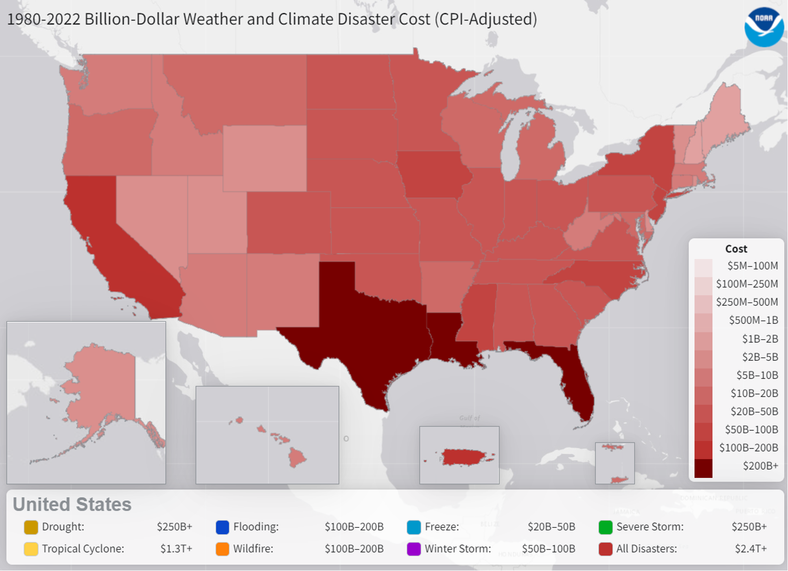 A United States map showing the estimated costs of weather and climate events in 2022. Source: NOAA.