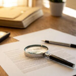 A photo of a document on a desk with a magnifying glass and pen on top of it, representing the appraisal process