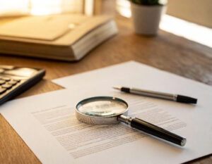 A photo of a document on a desk with a magnifying glass and pen on top of it, representing the appraisal process