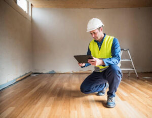 A restoration technician using a tablet to collect documentation on site before an appraisal.
