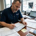 Restoration contractor auditing an insurance claim check for restrictive settlement language