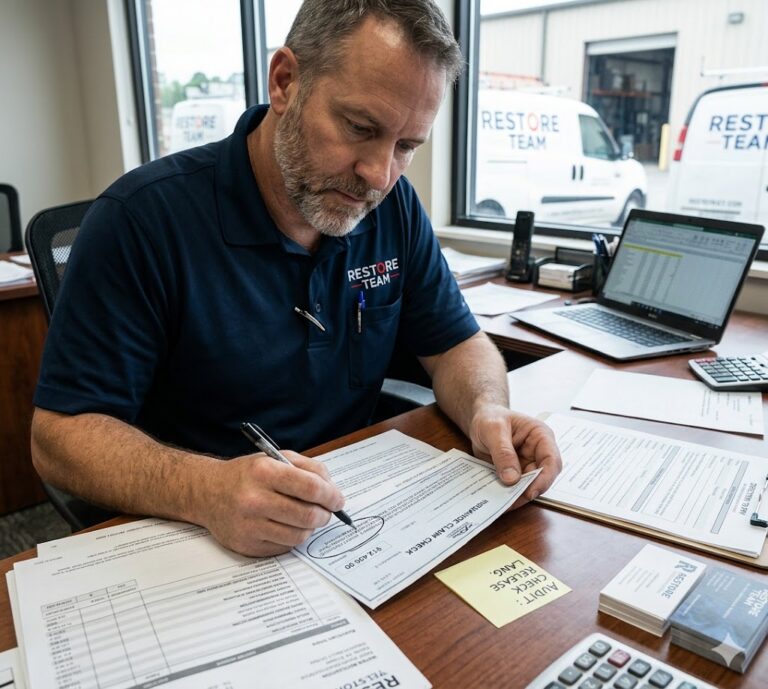Restoration contractor auditing an insurance claim check for restrictive settlement language